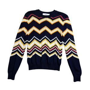 Vanesss Bruno Athe Navy Cream Yellow Orange Merino Wool V-Neck Sweater Small